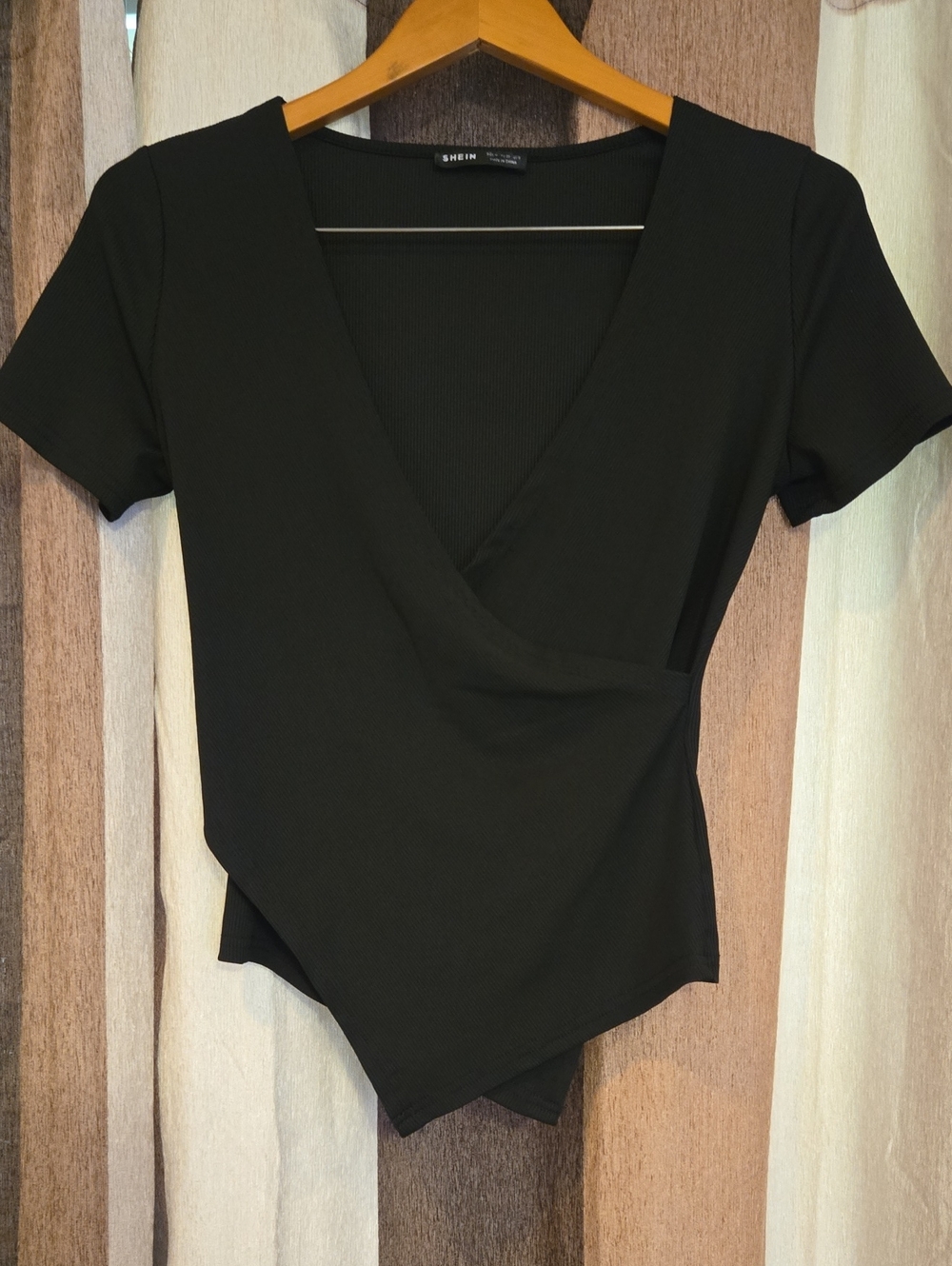 SHEIN Black Short Sleeve Wrap-Front Bodysuit